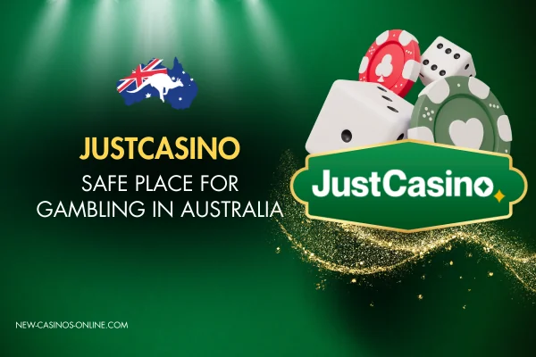 JustCasino Australia logo showcasing a sleek design with gaming motifs, representing online casino entertainment. Text: JustCasino – Safe Place for Gambling in Australia