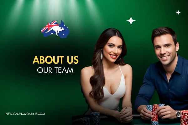 A couple seated at a table with poker chips, accompanied by the text "About Us: Our Team" in the background.
