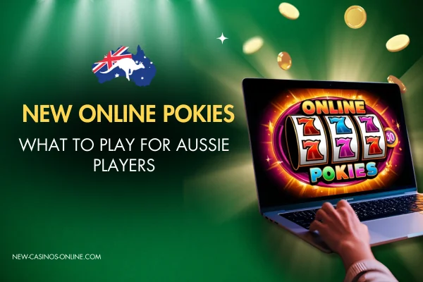 Advertisement for new online pokies in Australia. The image features a laptop screen displaying a colorful slot machine game with 'ONLINE POKIES' text, surrounded by glowing effects. A hand is interacting with the laptop. Gold coins are floating in the background, and the text 'NEW ONLINE POKIES - WHAT TO PLAY FOR AUSSIE PLAYERS' is prominently displayed. A small Australian flag icon is included, along with the website 'NEW-CASINOS-ONLINE.COM' at the bottom